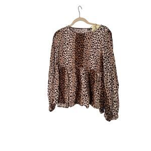 Andree By Unit Long Sleeve Babydoll Blouse Top Spotted Brown Black Tan Sz M NWT